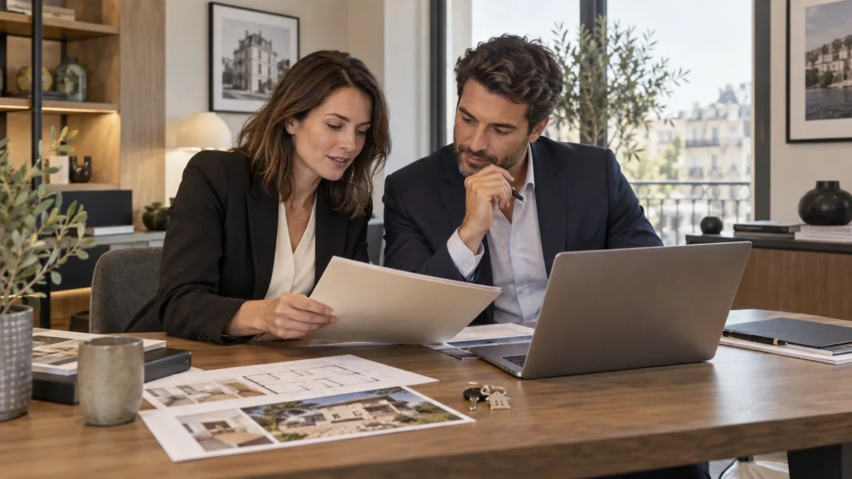 Deux professionnels de l’immobilier vérifiant ensemble un dossier de mandat dans un bureau