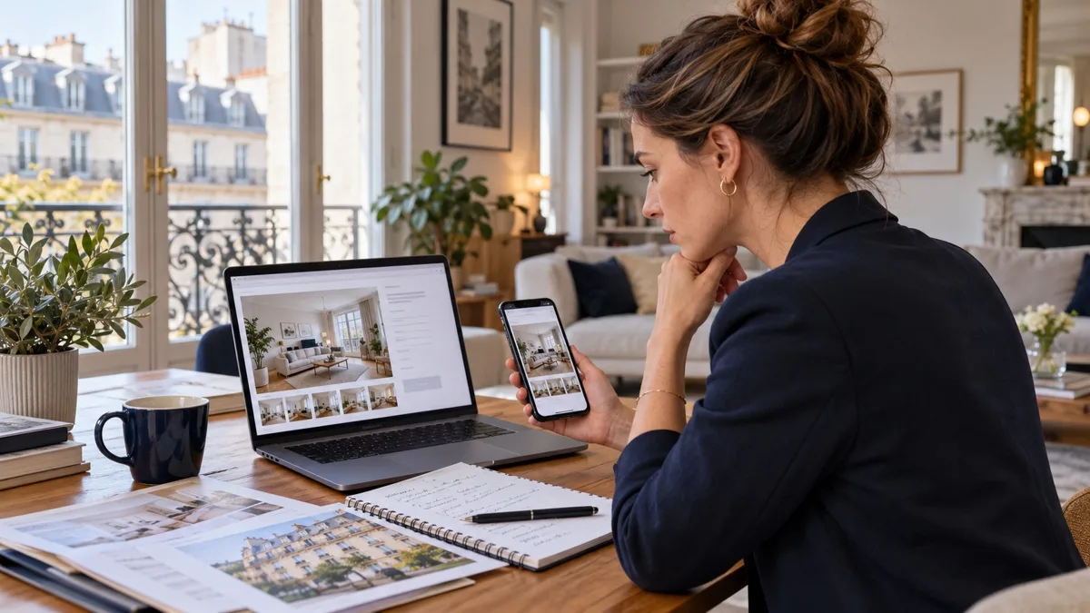 Conseillère immobilière vérifiant une annonce sur ordinateur et téléphone