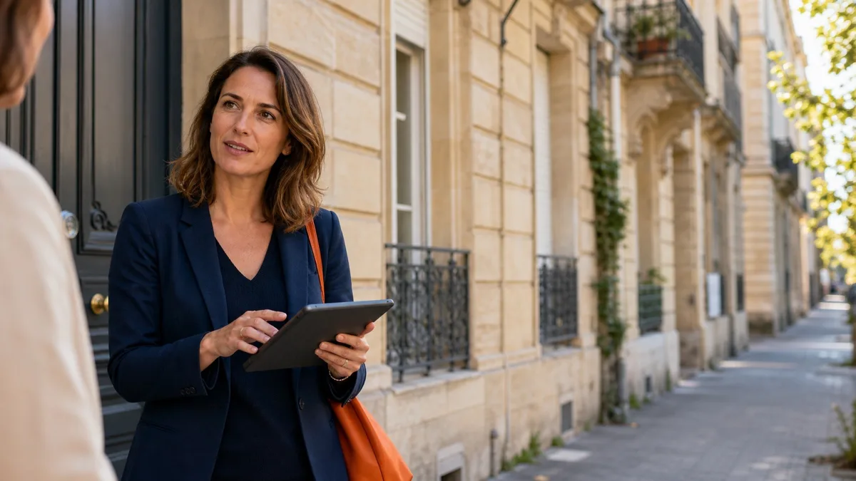 Conseillère immobilière en reconversion échangeant avec un client dans une rue résidentielle de Bordeaux