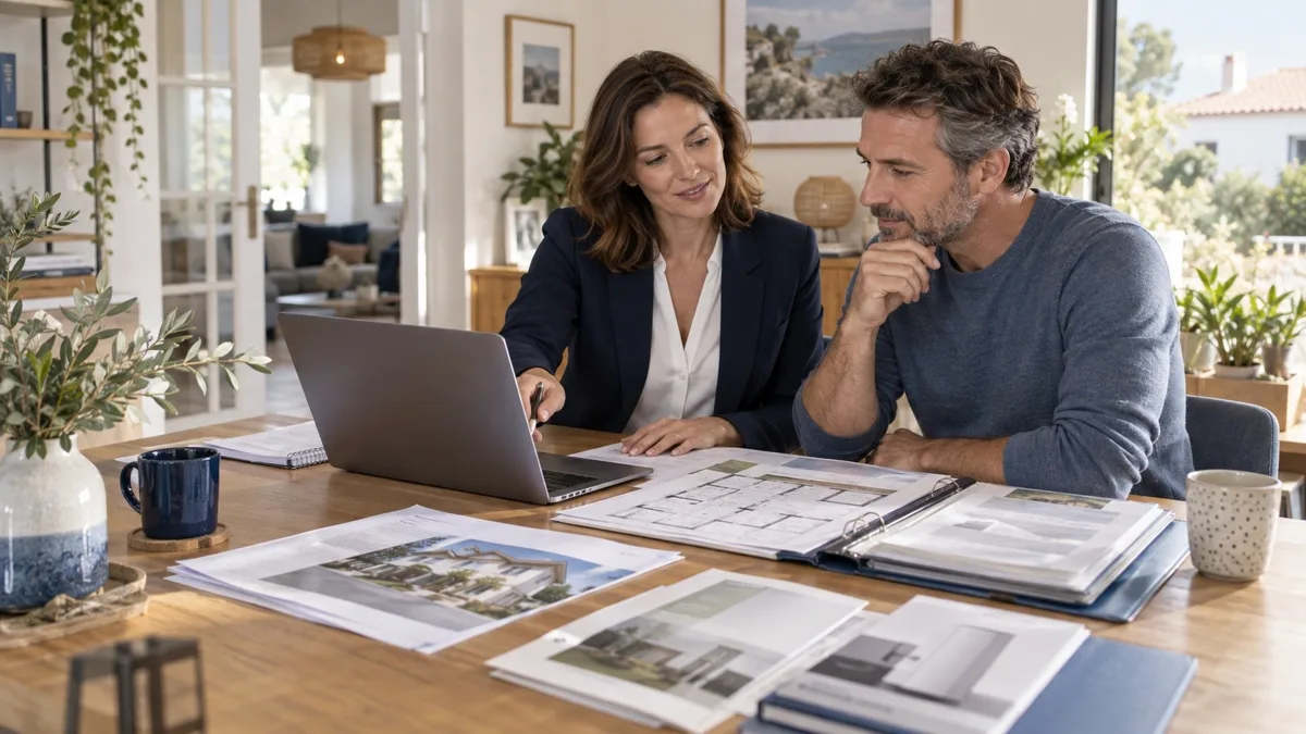 Conseillère immobilière aidant un propriétaire à organiser les documents techniques de son logement