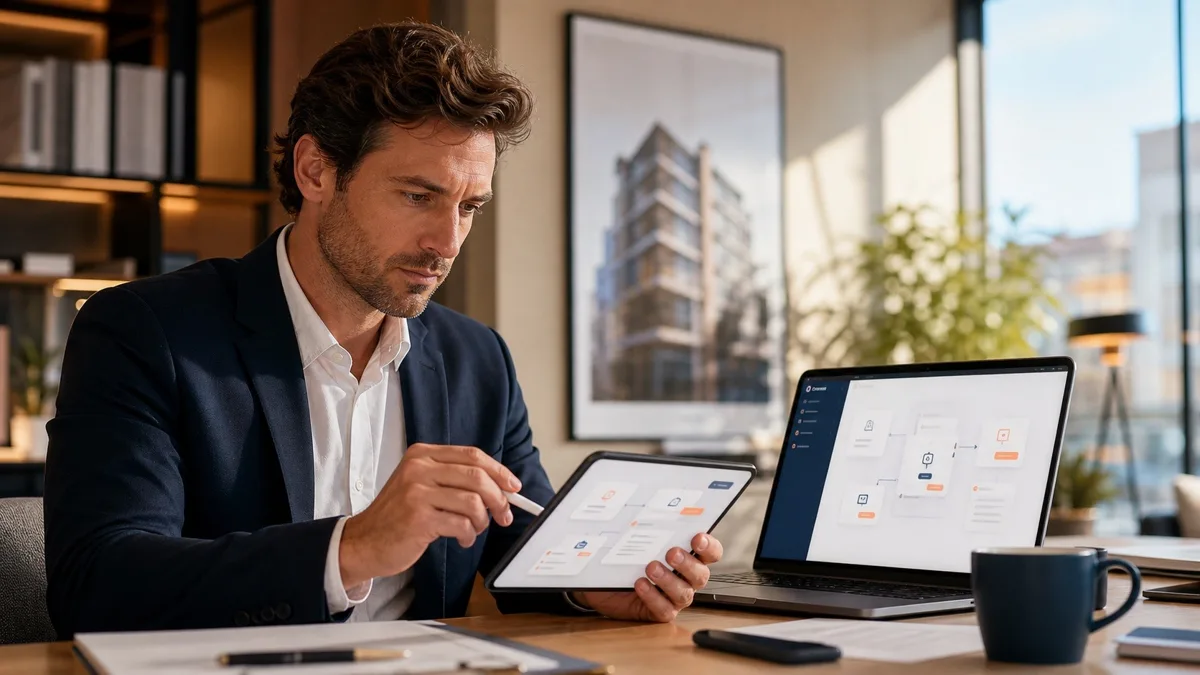Agent immobilier contrôlant un workflow automatisé proposé par une intelligence artificielle sur tablette et ordinateur