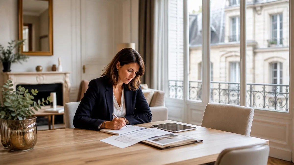 Conseillère immobilière indépendante préparant une estimation dans un appartement lumineux à Tours
