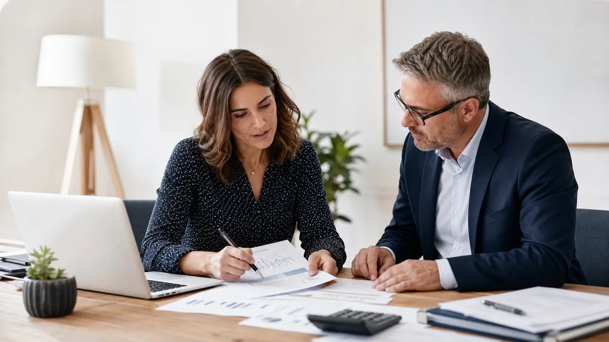 Future conseillère immobilière comparant micro-entreprise et entreprise individuelle avec un expert