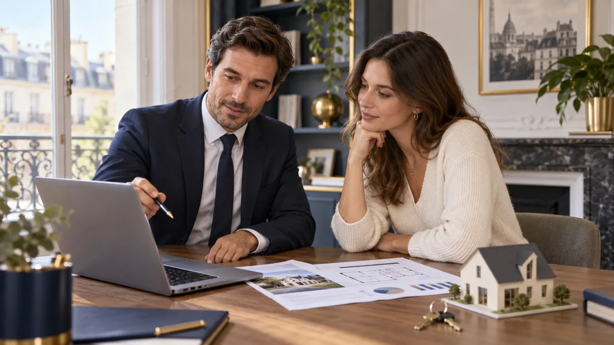 Conseiller immobilier examinant le financement d’une acquisition avec une cliente