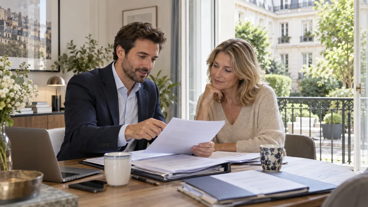 Agent immobilier présentant les documents de copropriété à une propriétaire dans un appartement