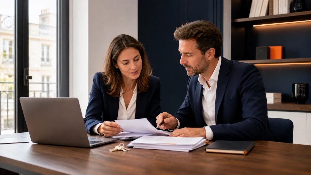 Entrepreneur préparant un dossier de carte professionnelle immobilière avec une conseillère dans un bureau