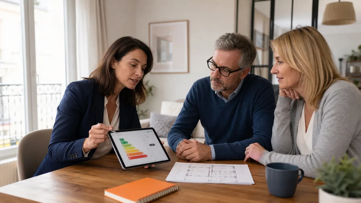 Conseillère immobilière expliquant une étiquette DPE à des propriétaires dans leur logement