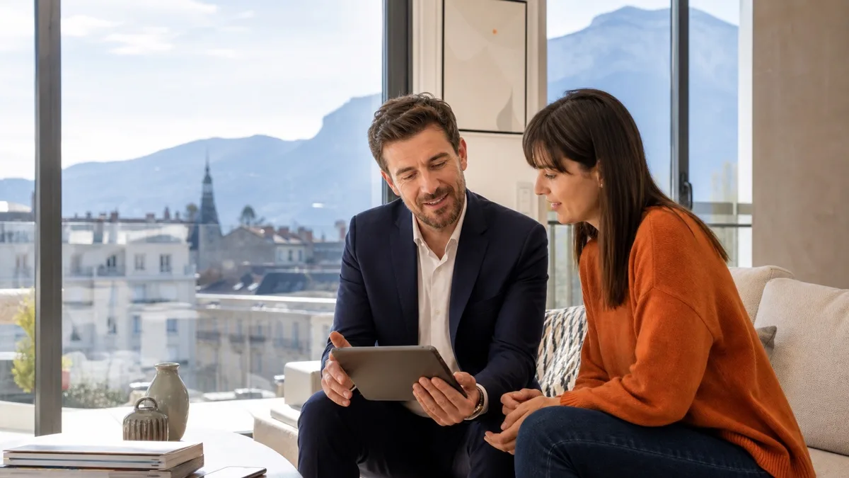 Conseiller immobilier indépendant présentant un appartement à une propriétaire à Grenoble avec les montagnes en arrière-plan