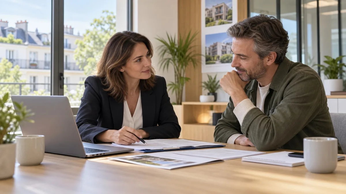 Professionnelle de l’immobilier échangeant calmement avec un propriétaire autour d’un dossier