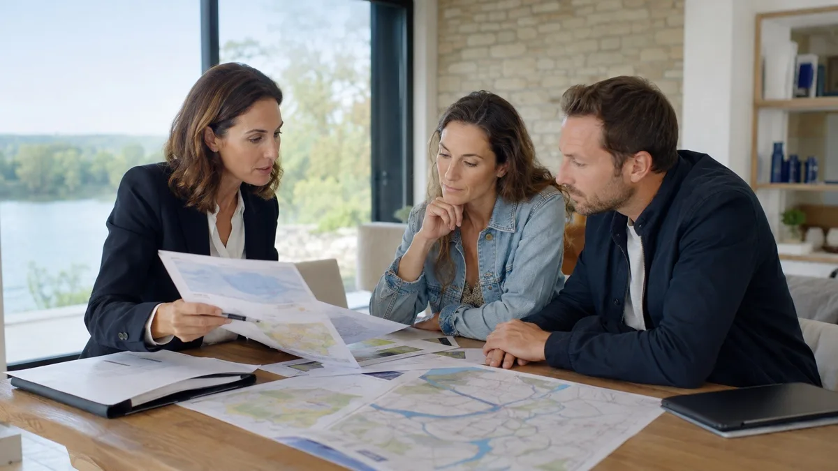 Conseillère immobilière expliquant un état des risques à un couple autour d’une table